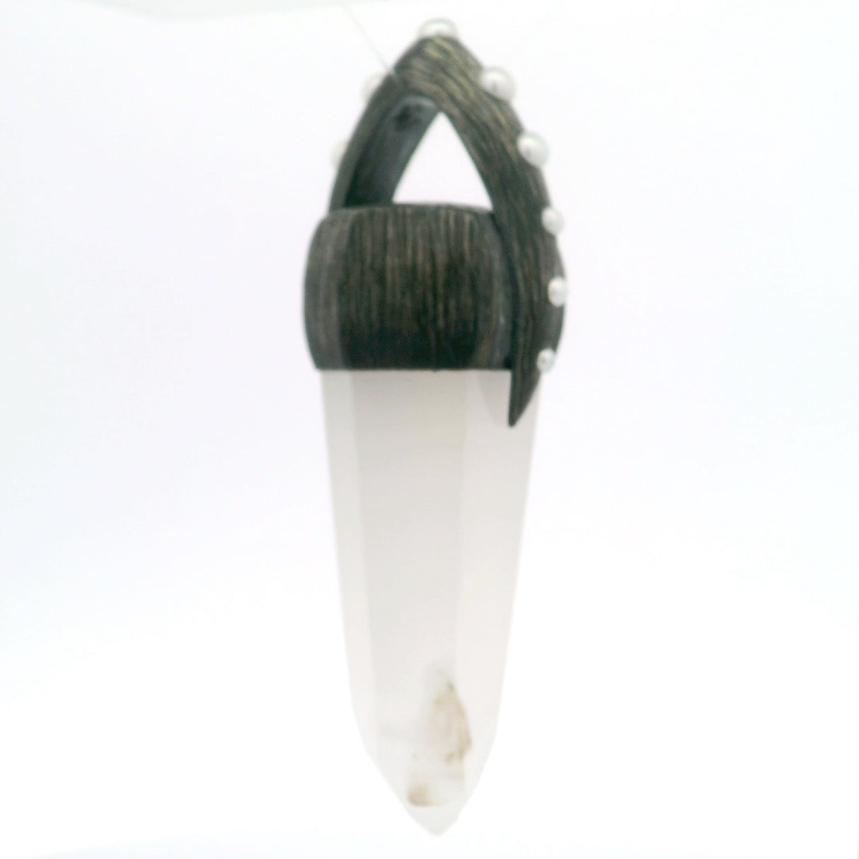 Milky Agate Point Pendant with Flower Inclusion Bezel Set in Oxidized 925 Sterling Silver Lantern Bail with Pearls