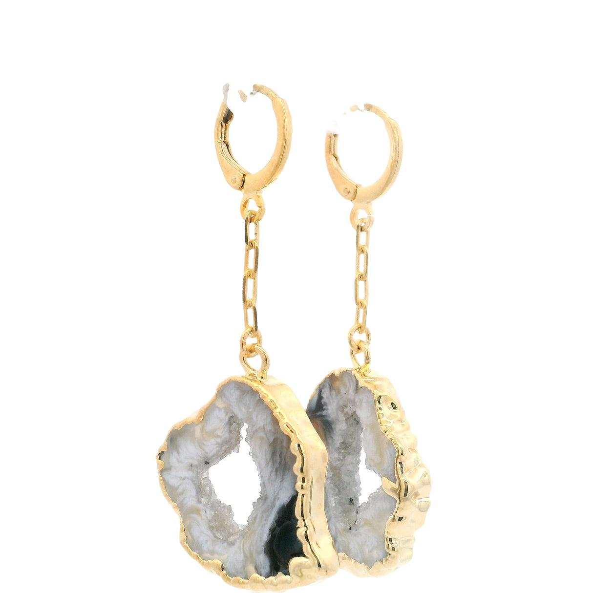 Agate Druze Slice Dangle Earrings on Plated Brass Long Box Chain & Huggies