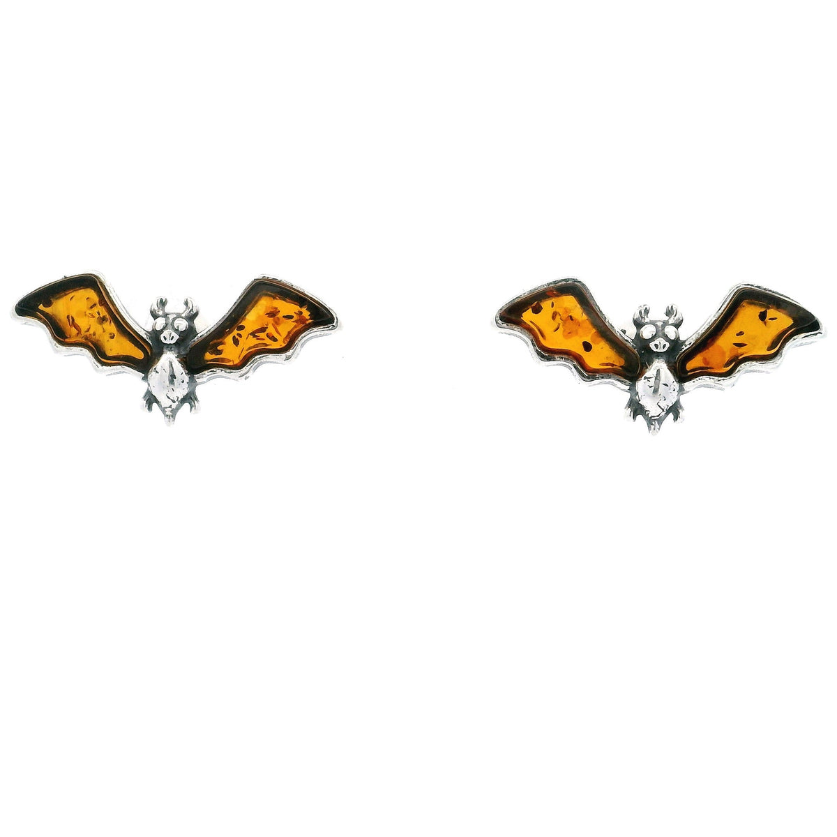 Cognac amber bat stud earrings, sterling silver body with translucent amber wings, front view