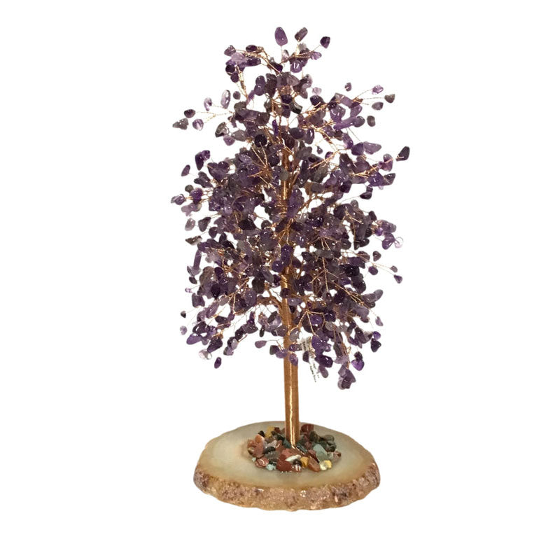 10" Amethyst Copper Wire Beaded Tree on Agate Slice Base - Large