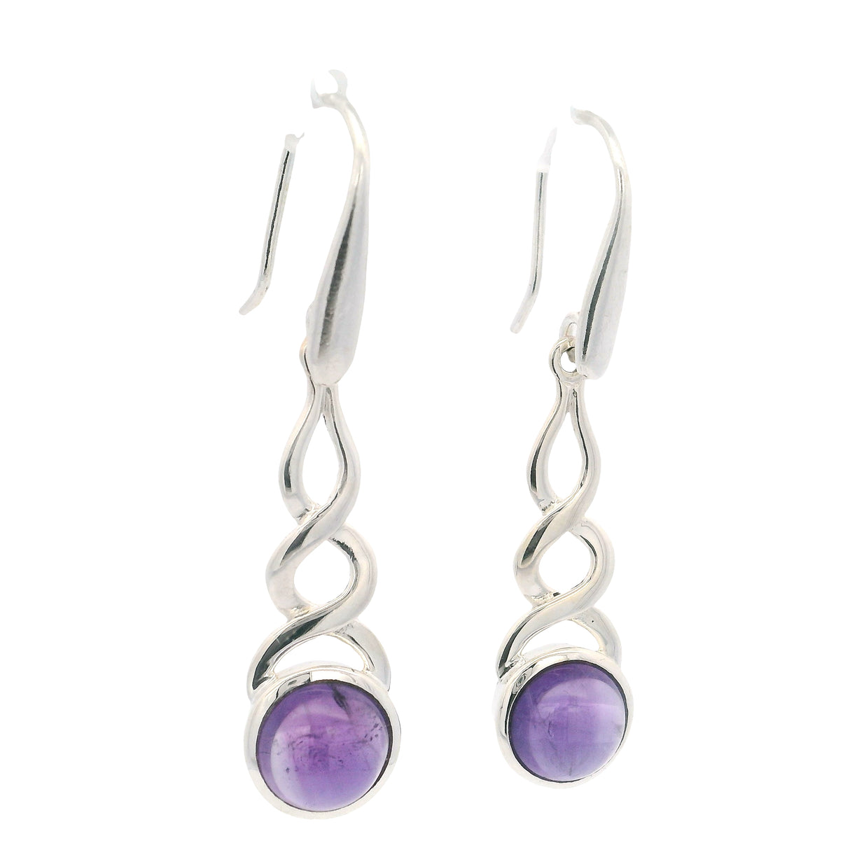 Amethyst Round Cabochon Dangle Earrings Bezel Set in Shoelace-style Setting of 925 Sterling Silver