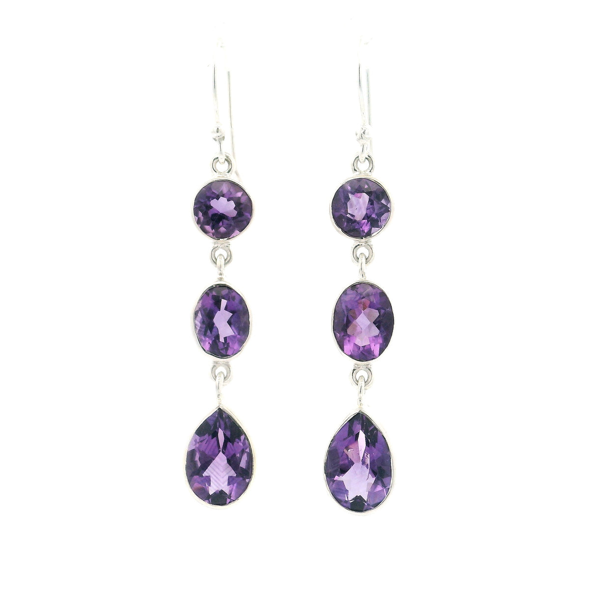 Faceted Amethyst Dangle Earrings with Mixed Shapes - Round & Oval & Pear