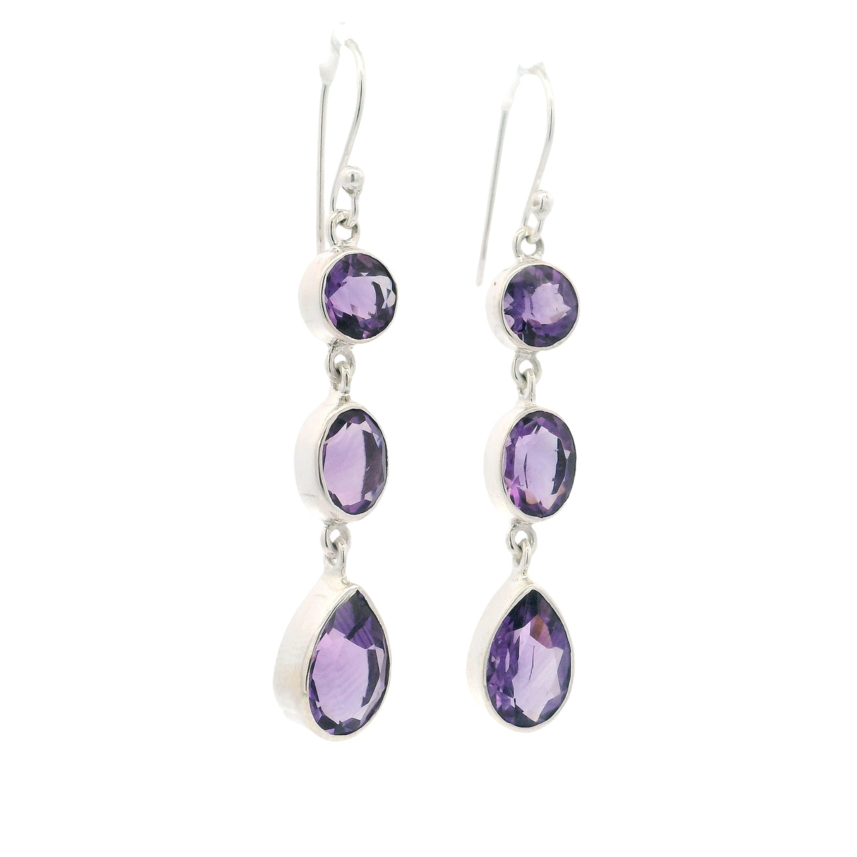 Faceted Amethyst Dangle Earrings with Mixed Shapes - Round & Oval & Pear