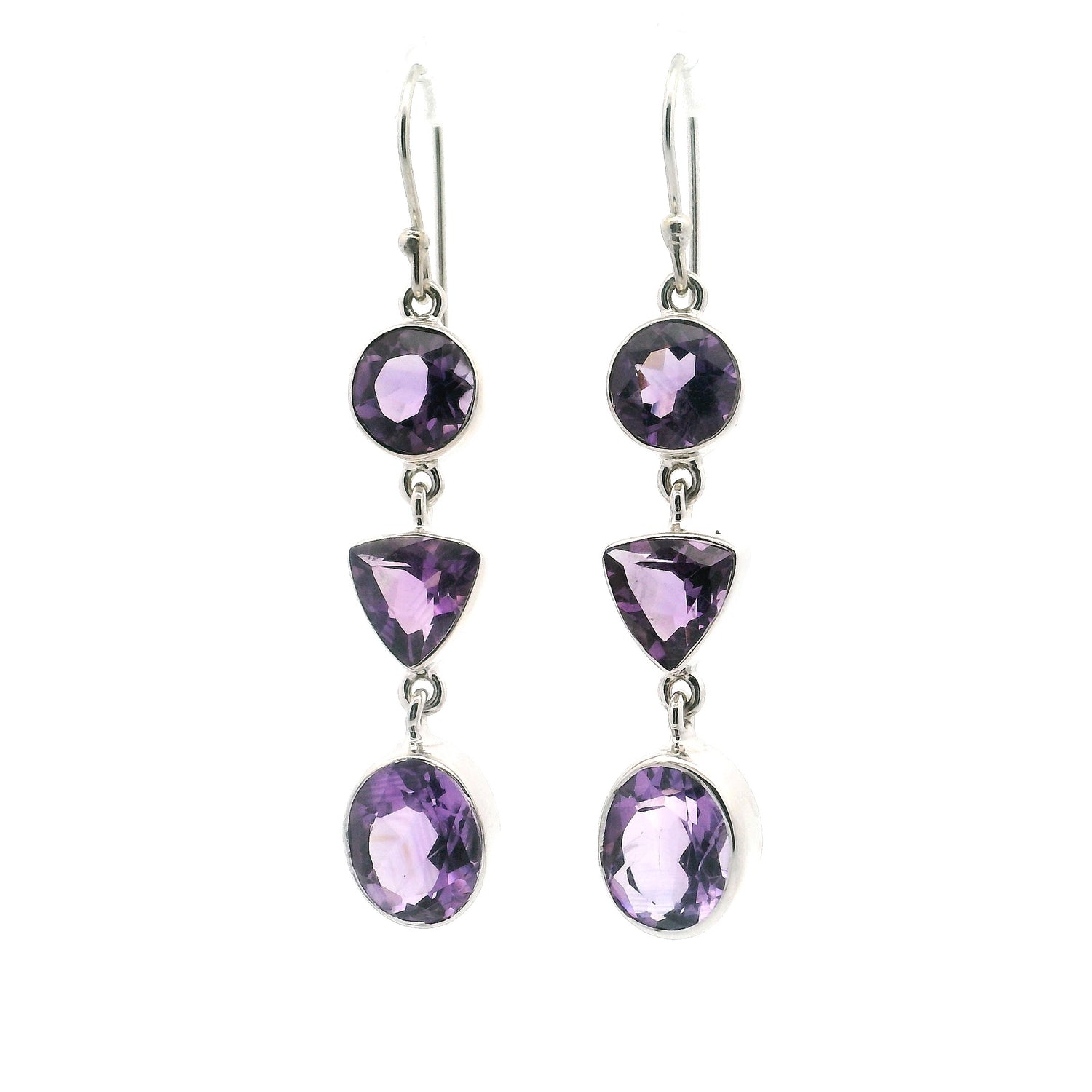 Faceted Amethyst Dangle Earrings with Mixed Shapes - Round & Trillion & Oval