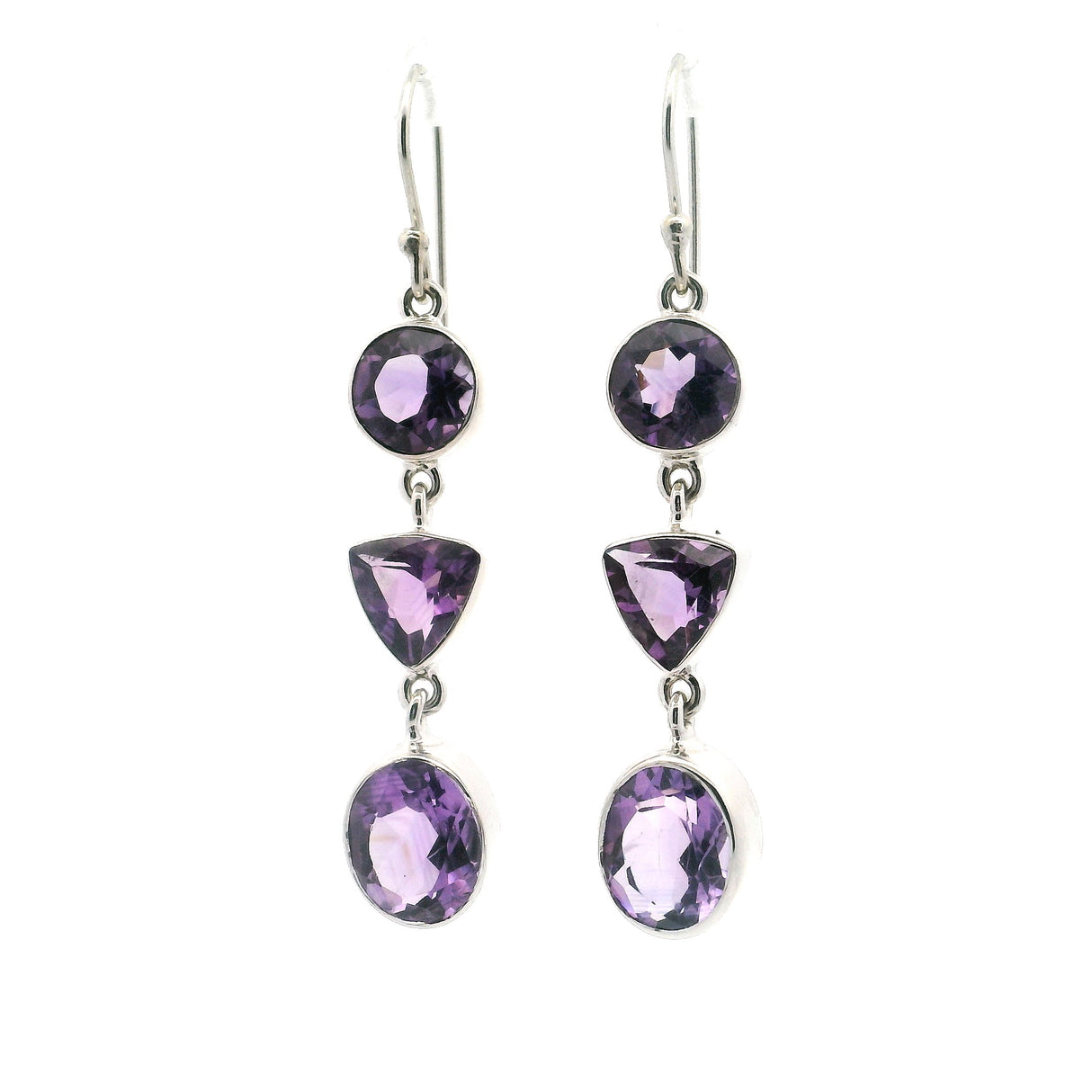 Faceted Amethyst Dangle Earrings with Mixed Shapes - Round & Trillion & Oval