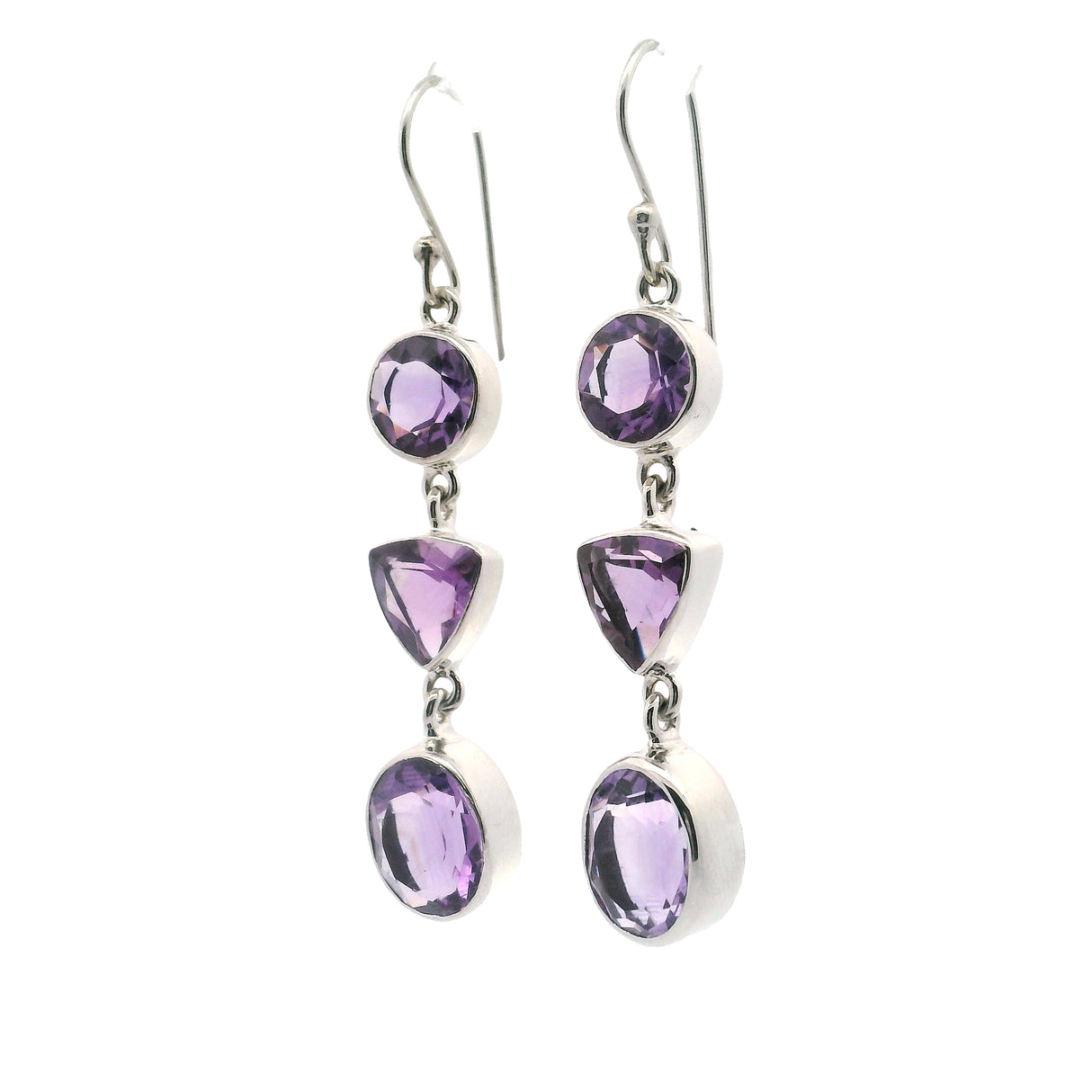Faceted Amethyst Dangle Earrings with Mixed Shapes - Round & Trillion & Oval
