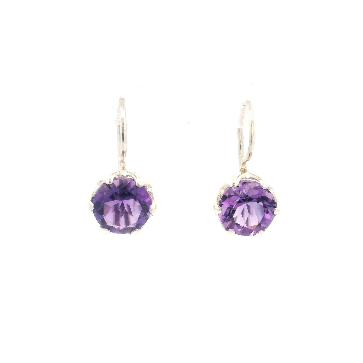 Faceted Amethyst Round Dangle Earrings in Crown Bezel of 925 Sterling Silver