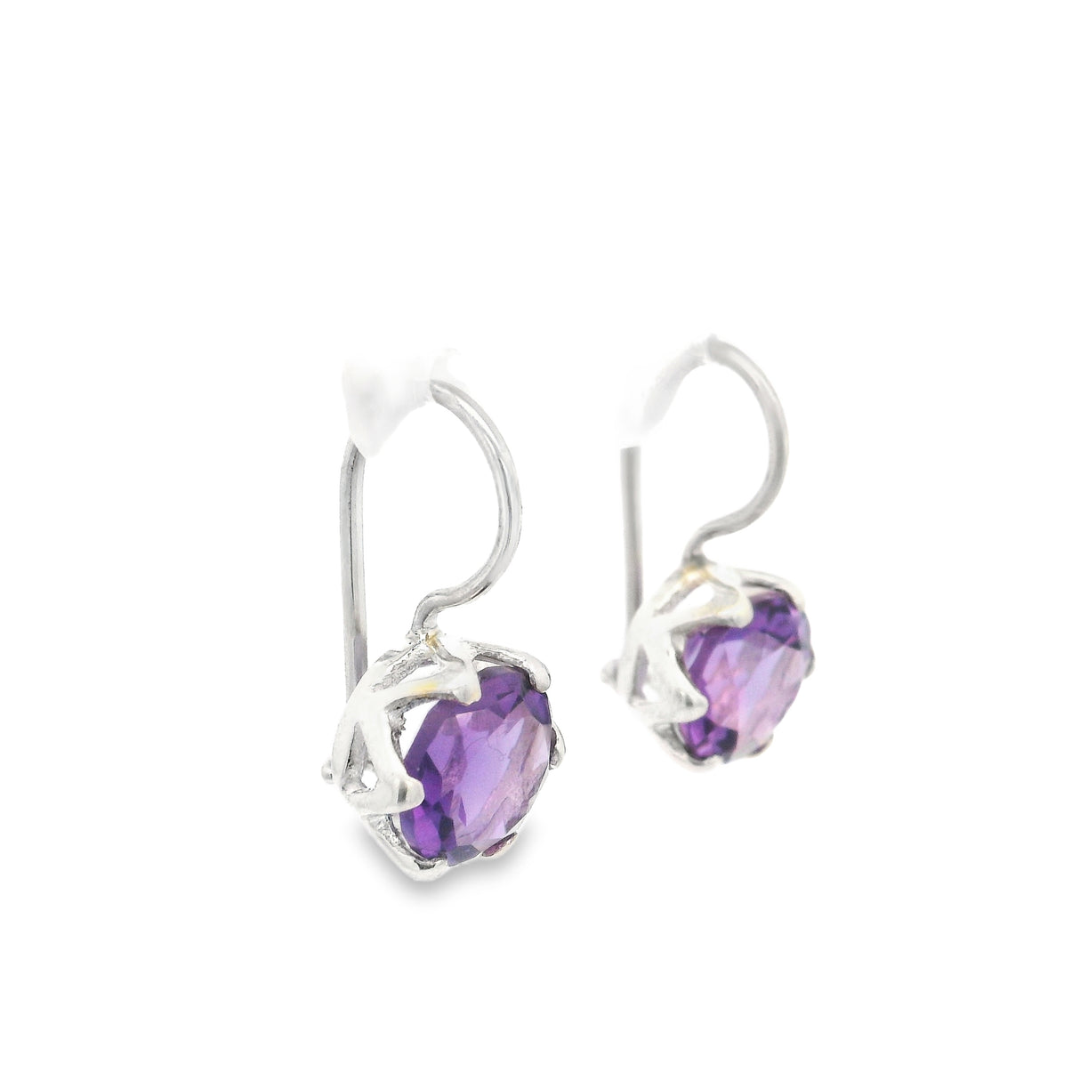 Faceted Amethyst Round Dangle Earrings in Crown Bezel of 925 Sterling Silver