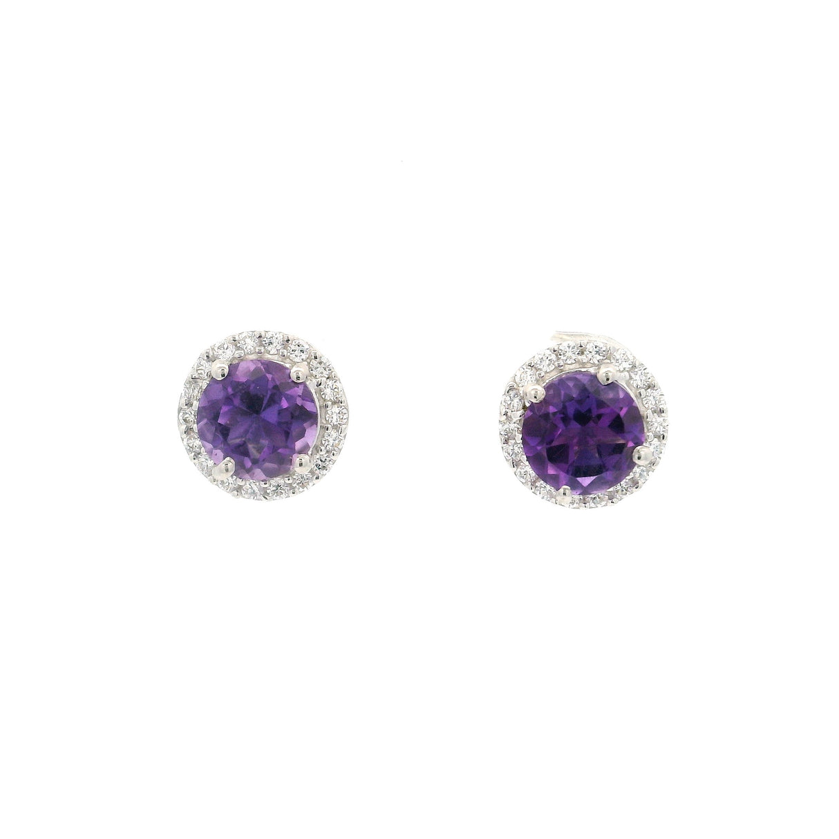 Faceted Gemstone Prong Set Stud Earrings in CZ Halo with Rhodium Vermeil