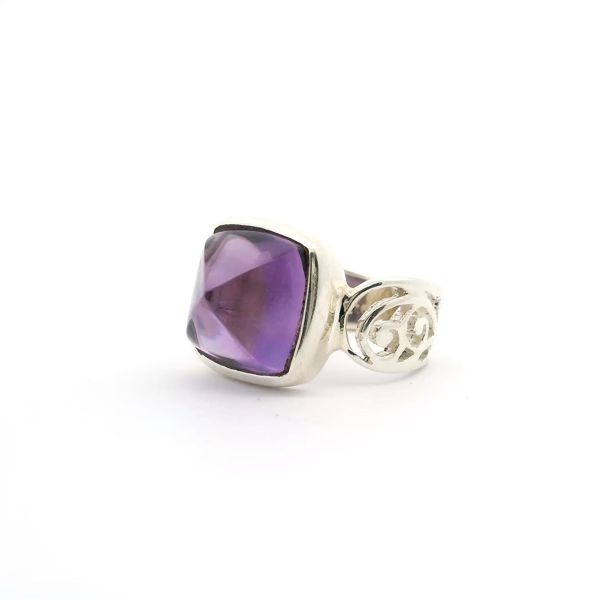 Faceted Amethyst Square Ring Bezel Set on Fancy Scrolled Wide Band in 925 Sterling Silver sz6