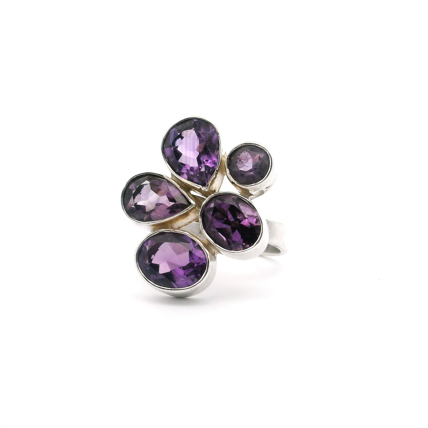 Faceted Amethyst Ring - 5  Faceted Geometric Variety with Silver Bezel Sz Adj