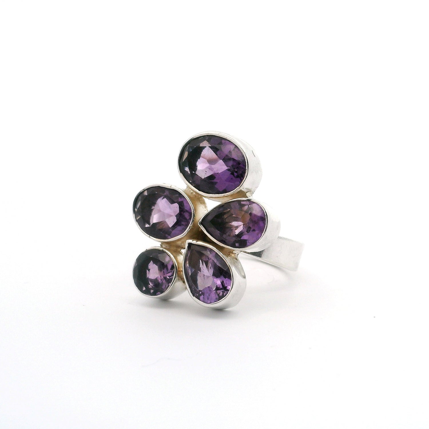 Faceted Amethyst Ring - 5  Faceted Geometric Variety with Silver Bezel Sz Adj