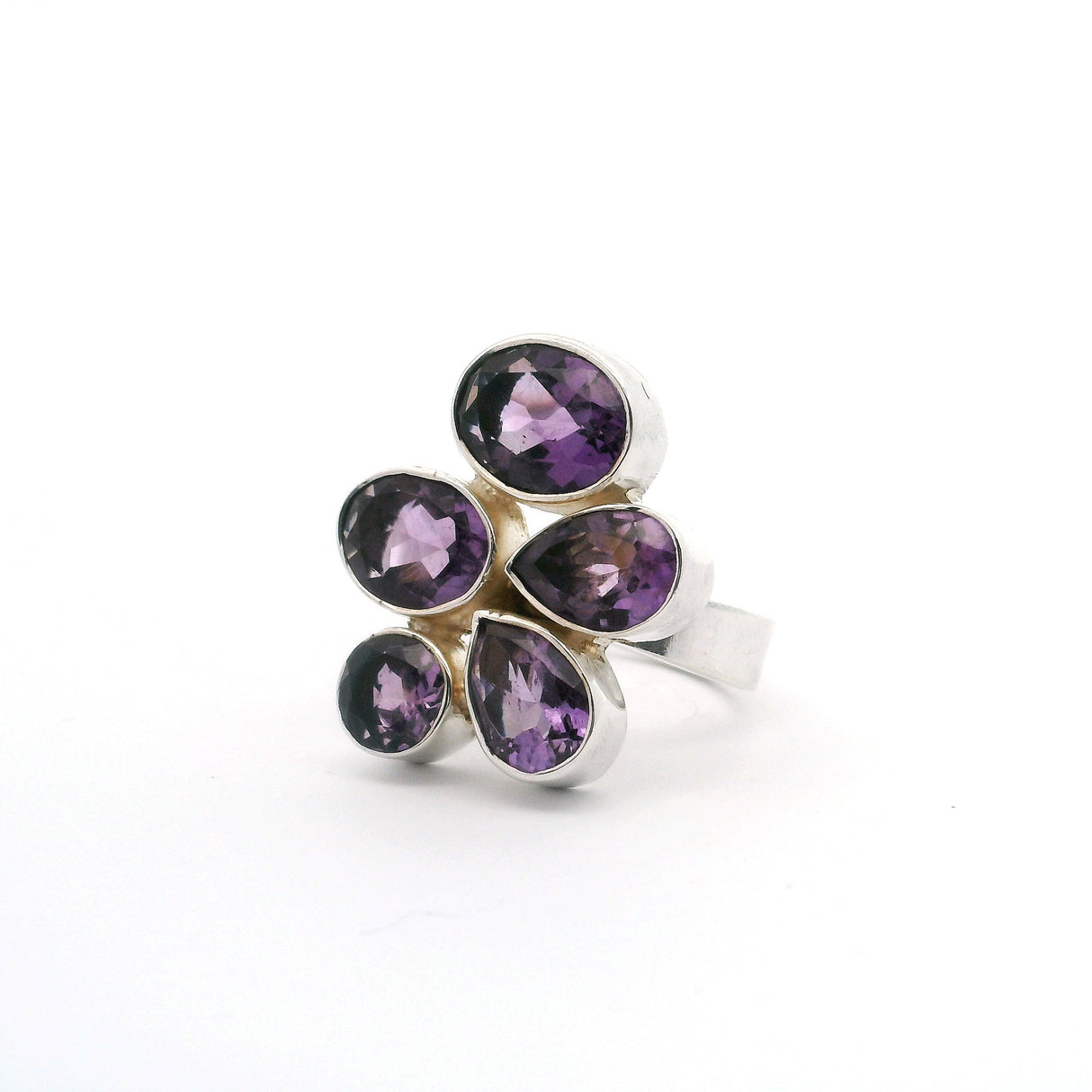 Faceted Amethyst Ring - 5  Faceted Geometric Variety with Silver Bezel Sz Adj