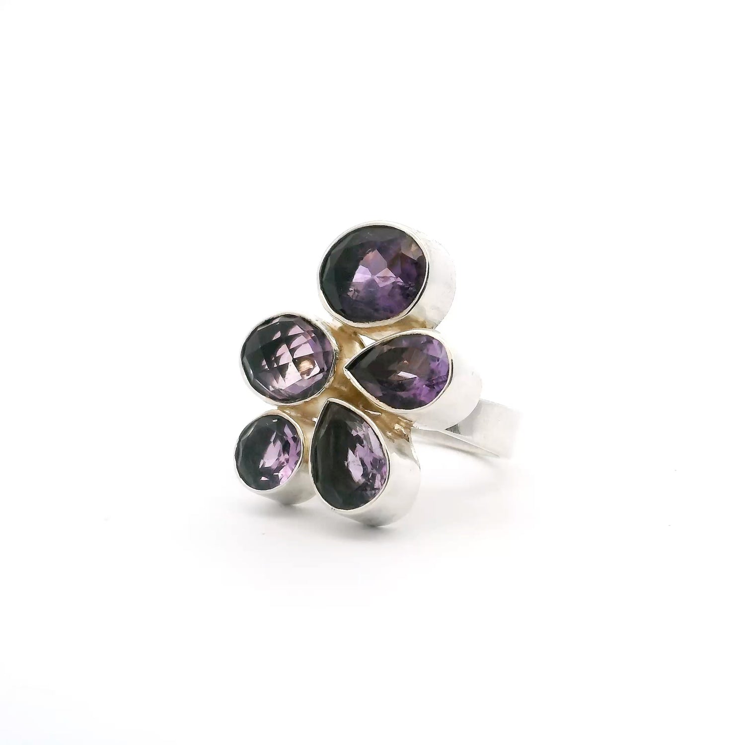 Faceted Amethyst Ring -  5 Gem Geometric Variety With Silver Bezel Sz Adj