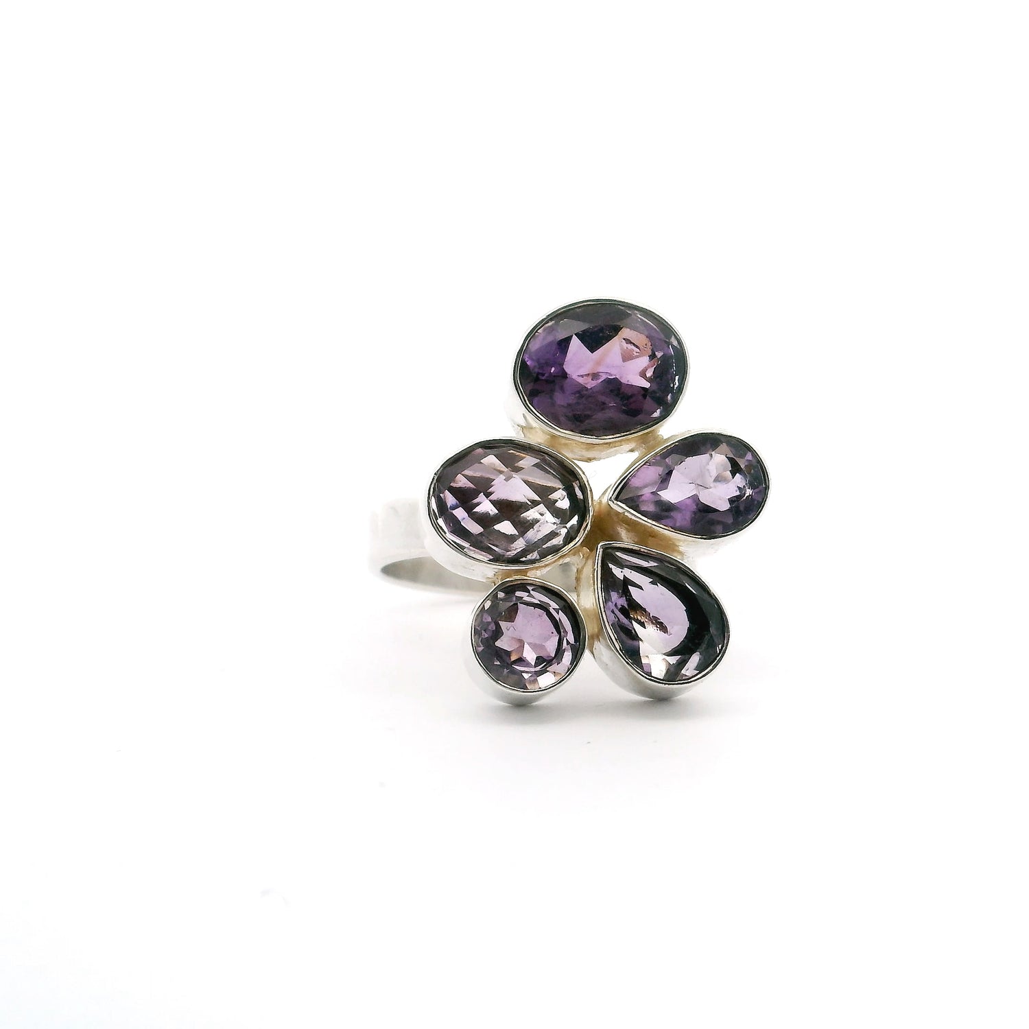 Faceted Amethyst Ring -  5 Gem Geometric Variety With Silver Bezel Sz Adj