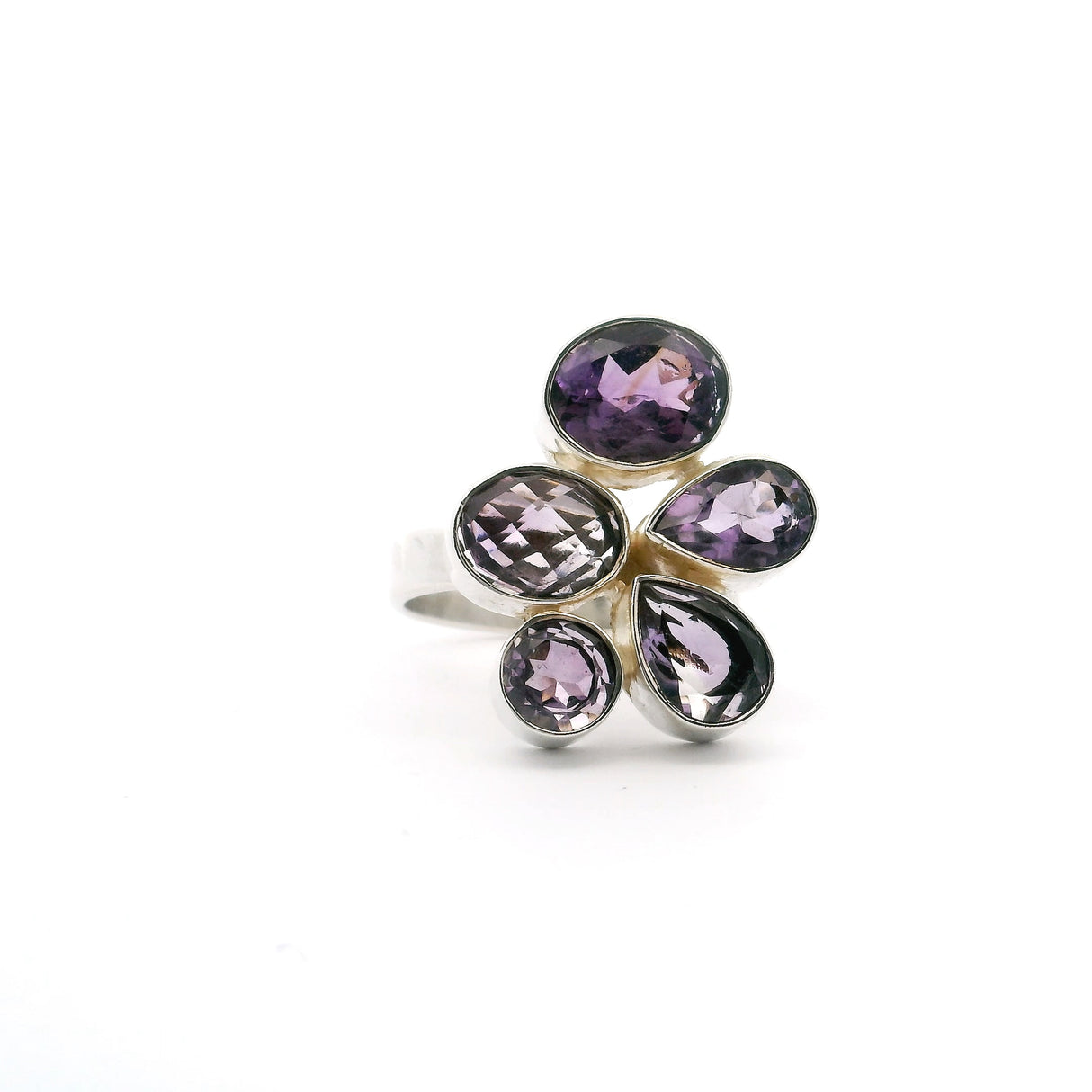 Faceted Amethyst Ring -  5 Gem Geometric Variety With Silver Bezel Sz Adj