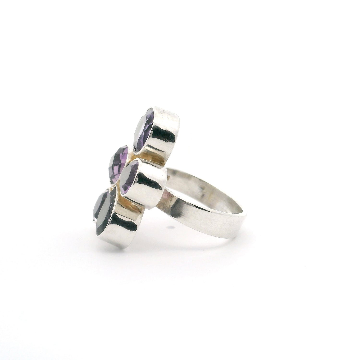 Faceted Amethyst Ring -  5 Gem Geometric Variety With Silver Bezel Sz Adj
