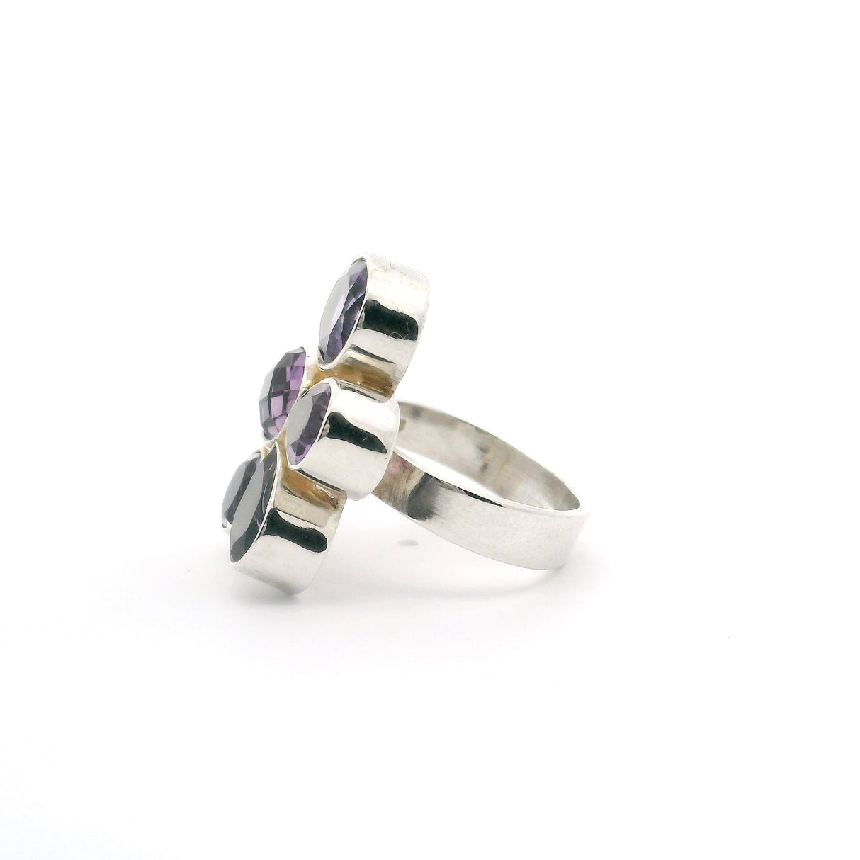 Faceted Amethyst Ring -  5 Gem Geometric Variety With Silver Bezel Sz Adj