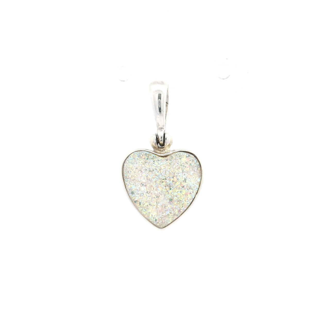 Angel aura druze heart pendant with sparkling white iridescent crystals in silver bezel