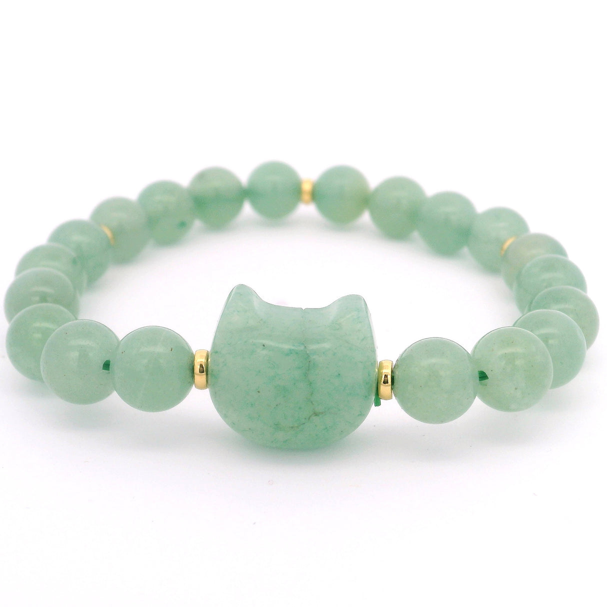 Cat Face Carved Bead & 8mm Rounds Beaded Bracelet with Gold Spacers