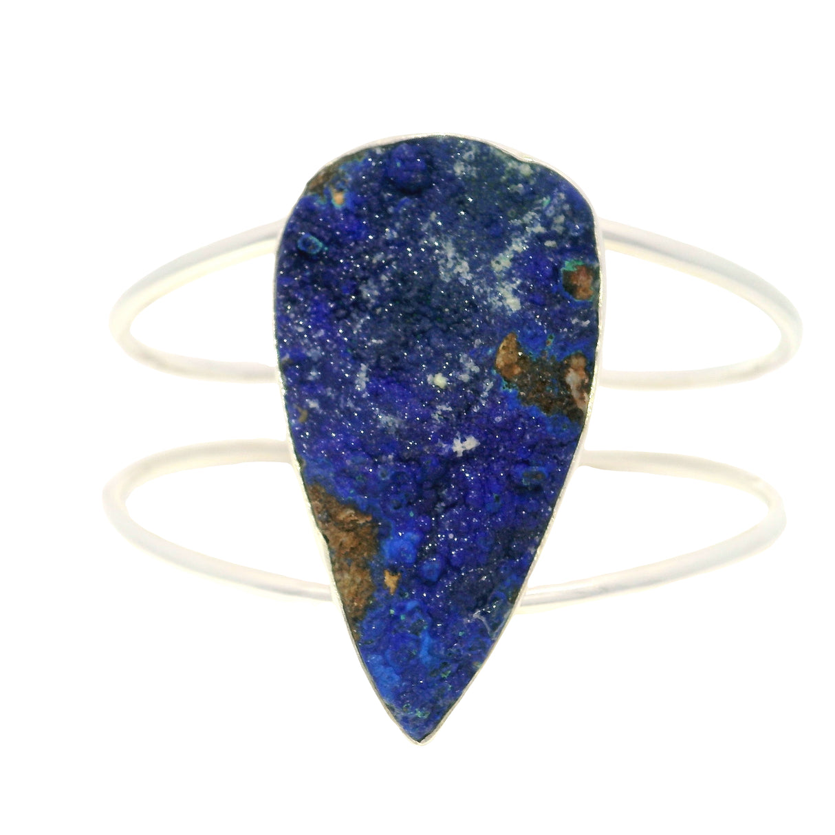 Azurite Druze Specimen Classic Large Double Row Open Back Silver Cuff - Simple Bezel Set - Teardrop
