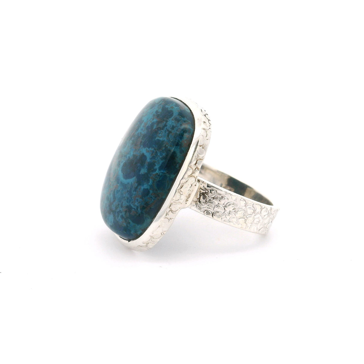 Azurite Rounded Rectangle Ring with Hammered Band Bezel Set in 925 Sterling Silver sz8