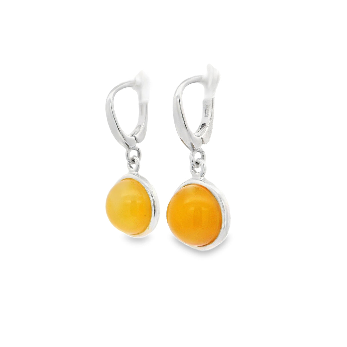 Butterscotch Amber Round Dangle Earrings Bezel Set in 925 Sterling Silver with Latchbacks