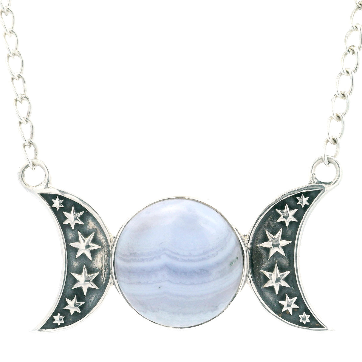 Blue Lace Agate Necklace - Round Cabochon with Simple Bezel Set Between Two 925 Sterling Silver Moons with Stars Stamped in Center