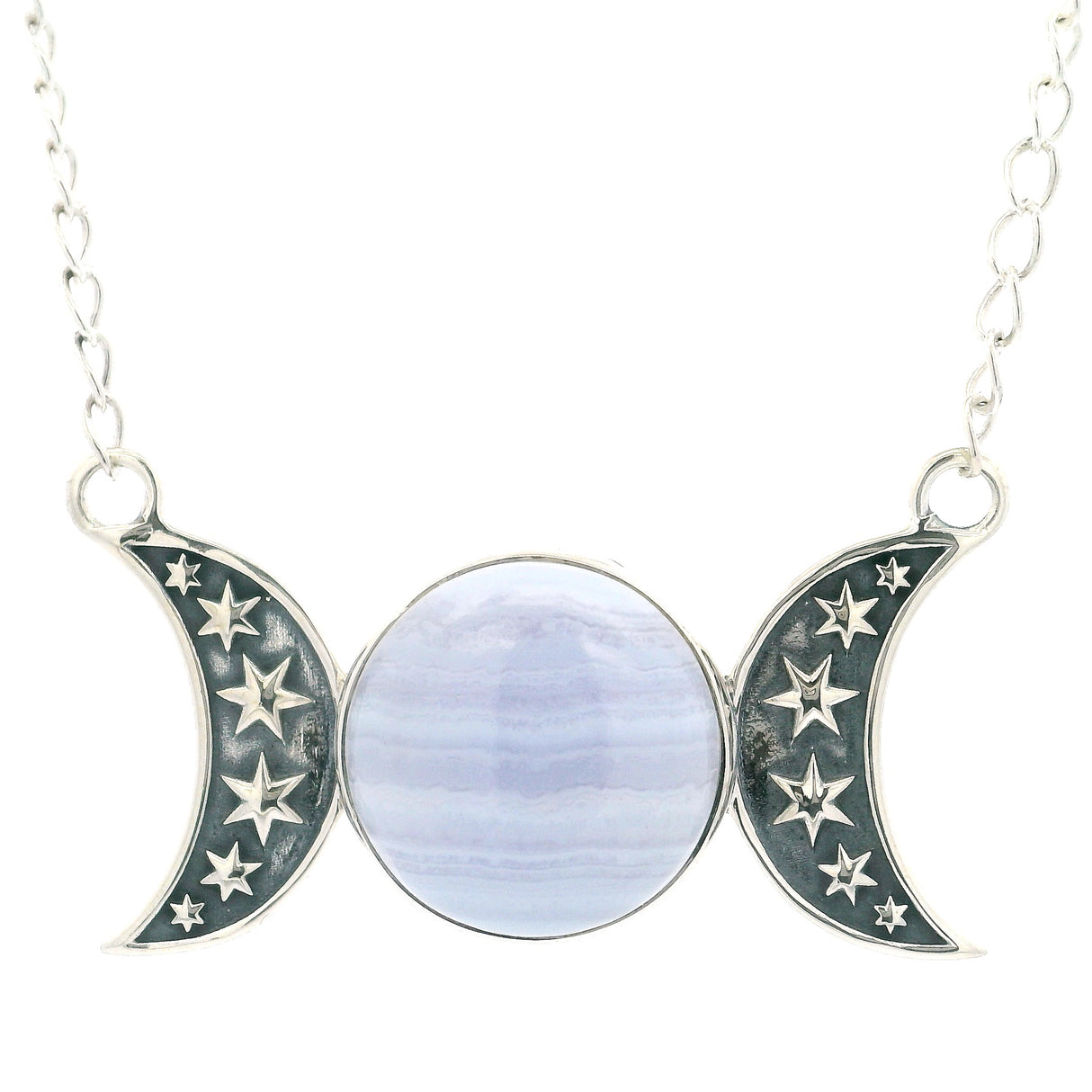Blue Lace Agate Necklace - Round Cabochon with Simple Bezel Set Between Two 925 Sterling Silver Moons with Stars Stamped in Center