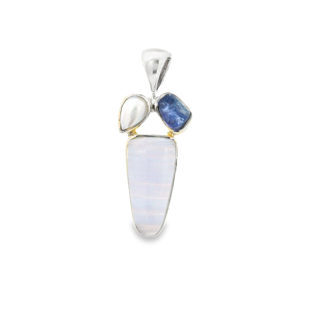 Blue Lace Agate Pendant - Freeform Cabochon with Rough Tanzanite & Freshwater Pearl Pear - 925 Sterling Silver Bezels