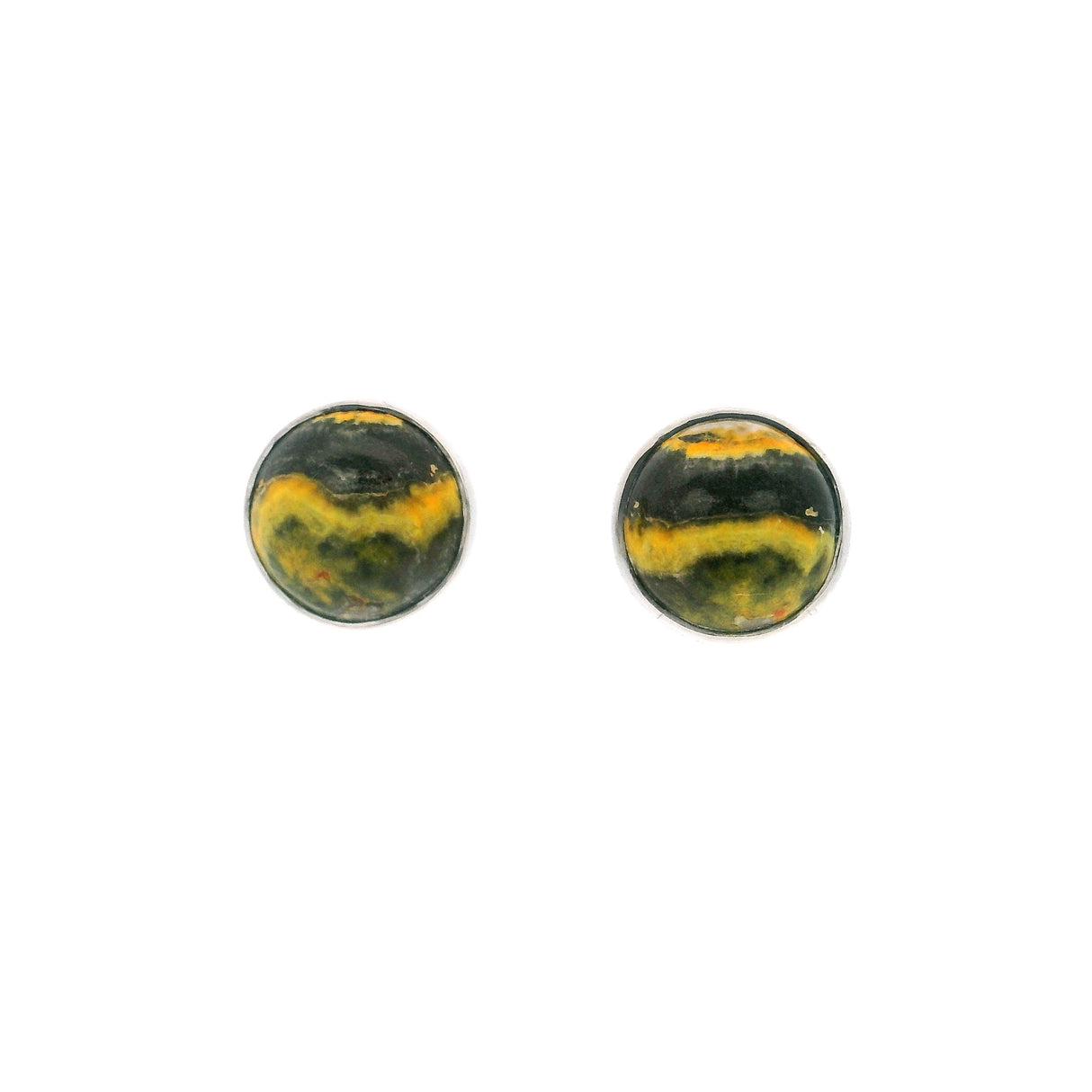 Bumblebee Jasper Stud Earrings - Round Cabochon With Simple Silver Bezel