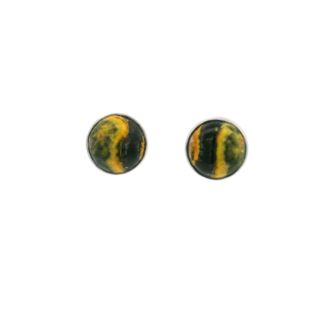 Bumblebee Jasper Stud Earrings - Round Cabochon With Simple Silver Bezel
