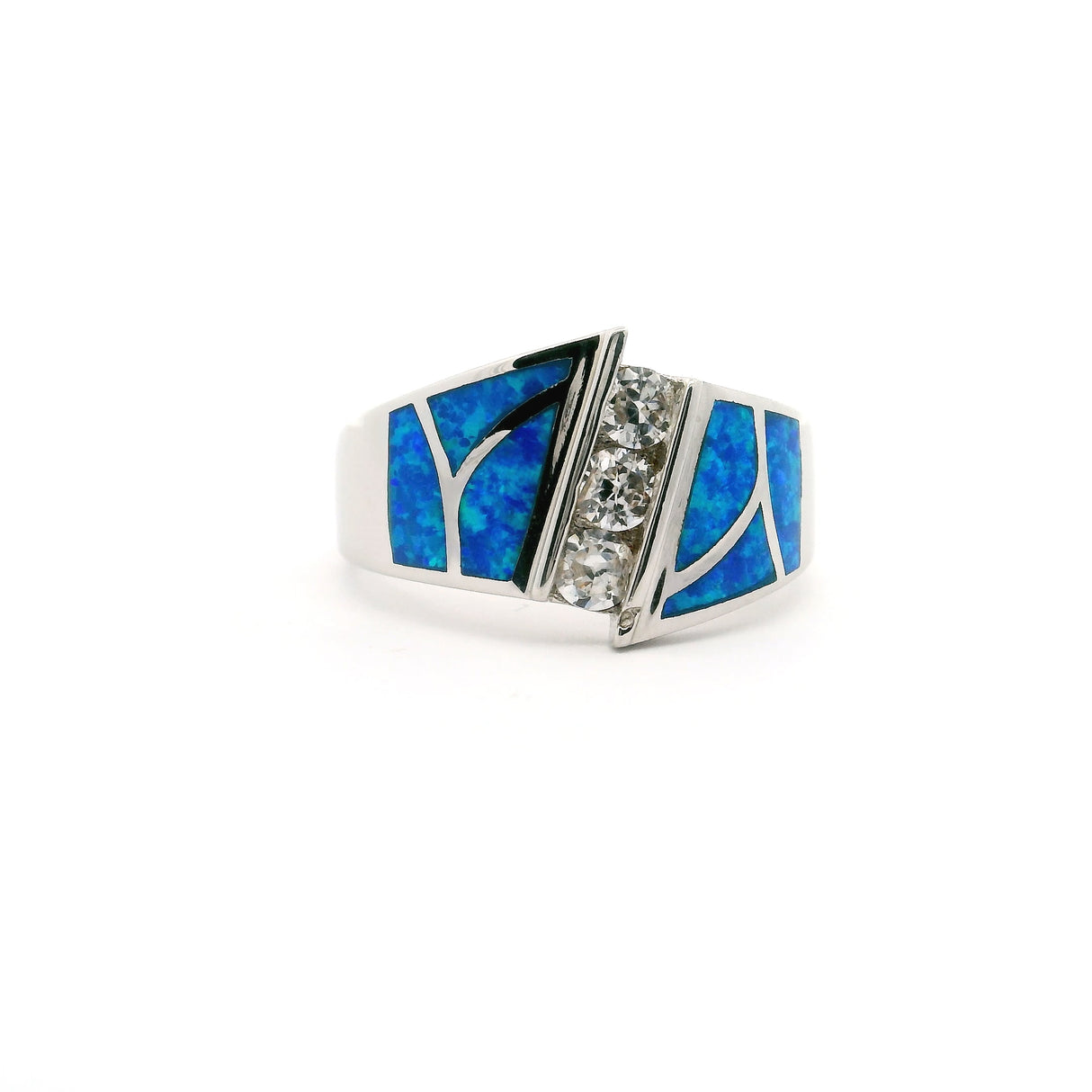 Blue Opal Inlay Art Deco Ring With 3 White Czs Stacked Sz6