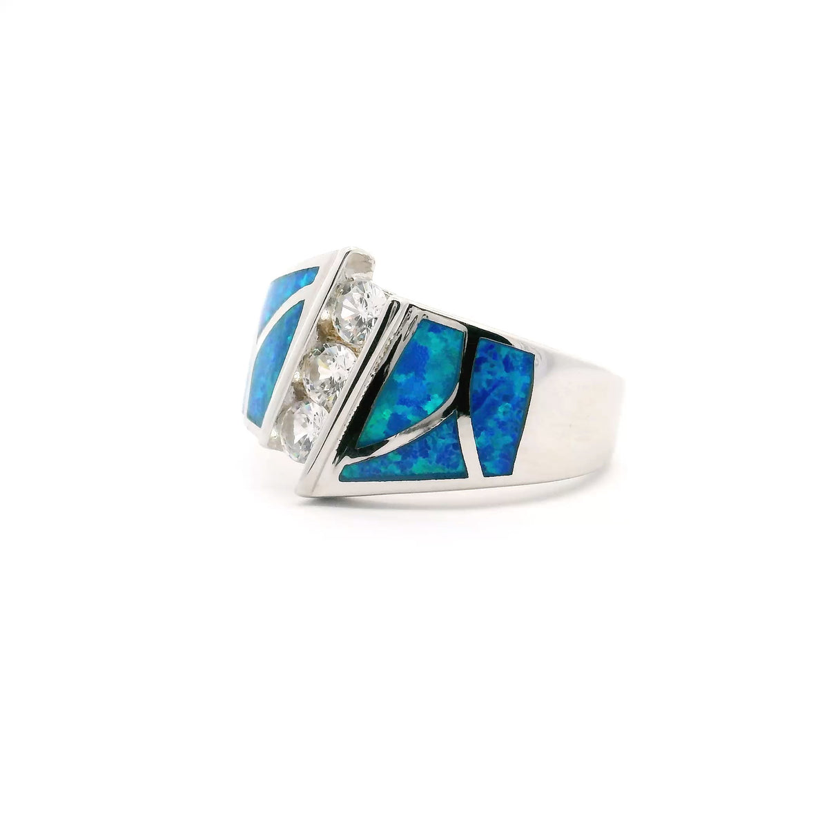 Blue Opal Inlay Art Deco Ring With 3 White Czs Stacked Sz9