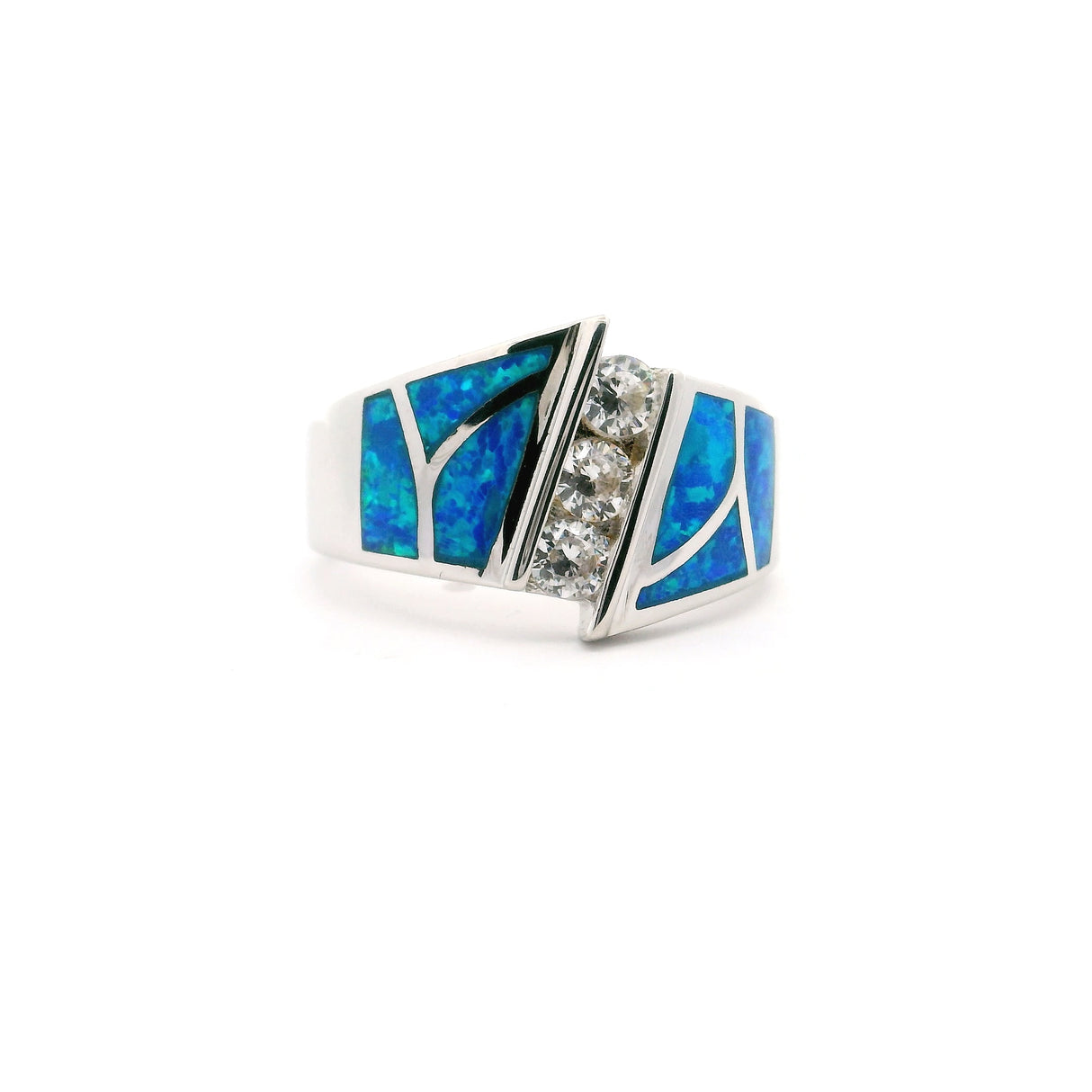 Blue Opal Inlay Art Deco Ring With 3 White Czs Stacked Sz9