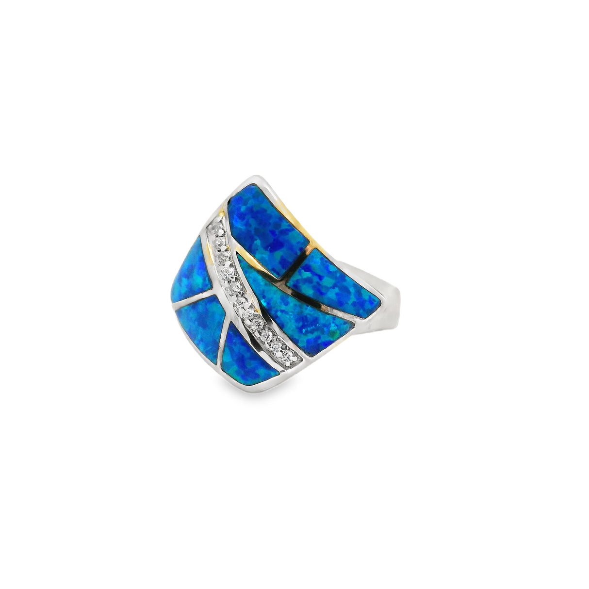 Blue Opal Ring - Geometric With Asymmetrical Inlay Sections & Bar Of White Czs Sz7
