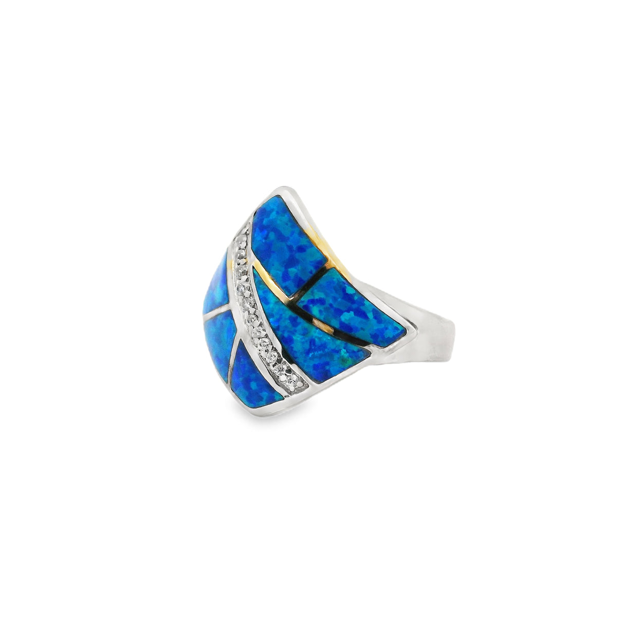 Blue Opal Ring - Geometric With Asymmetrical Inlay Sections & Bar Of White Czs Sz7