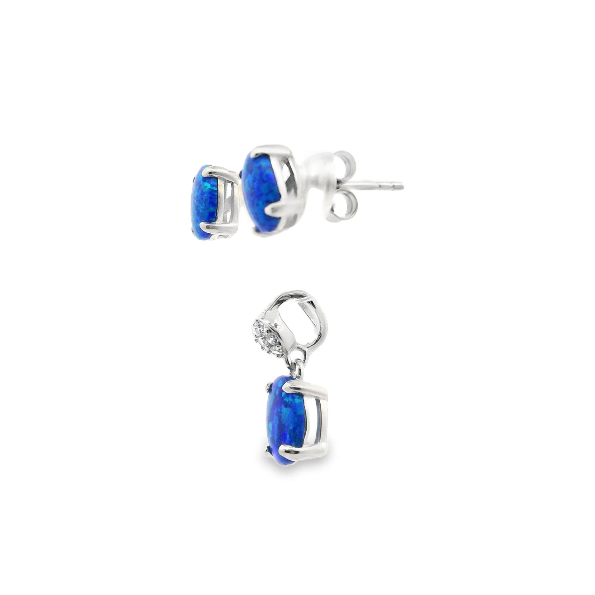 Blue Opal Pendant & Earrings Set - Prong Set Oval Studs & Prong Set Oval Pendant With White Czs Set In Bail