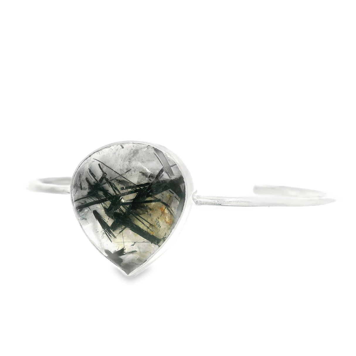 Single Black Tourmalated Quartz Cabochon Bezel Set Bangle Cuff