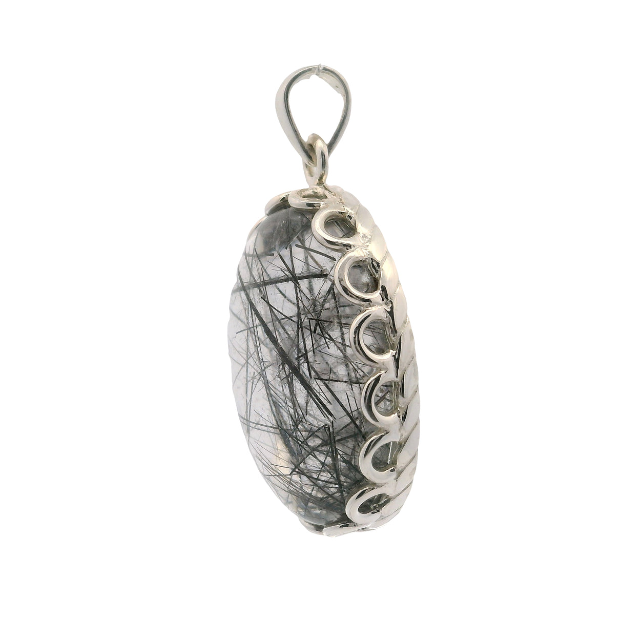 Black Tourmalated Quartz Oval Pendant in Fancy Looped Bezel of 925 Sterling Silver