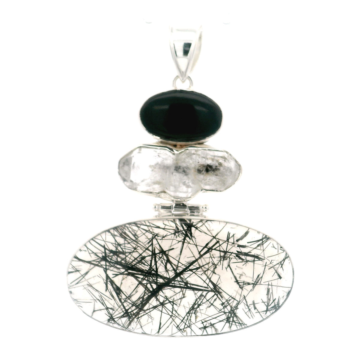 A+ Tourmalated Quartz Cabochon Pendant with Faden Quartz & Black Onyx