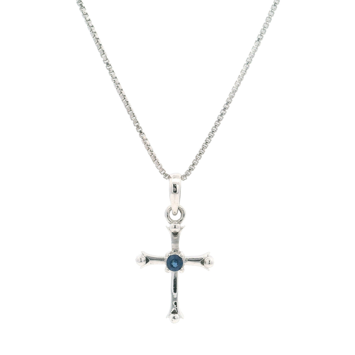 Faceted 2mm Faceted Round Gemstone Cross Pendant with Spheres on Box Chain with Rhodium Plating