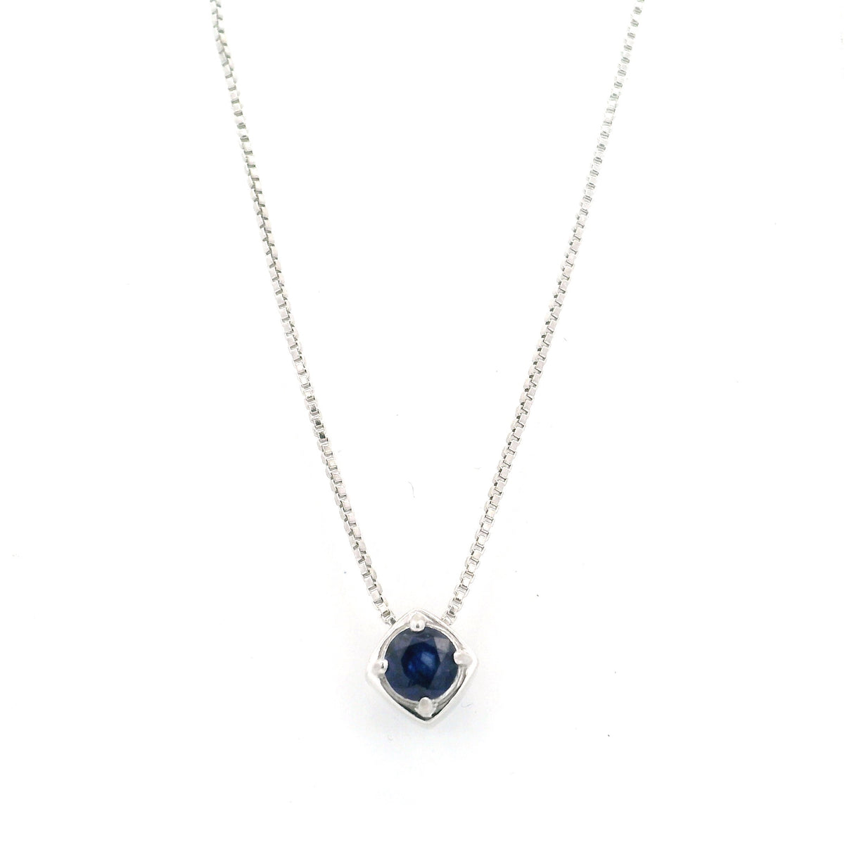 Faceted 5mm Round Blue Sapphire Prong Set Necklace on 18" Box Chain with Rhodium Plated