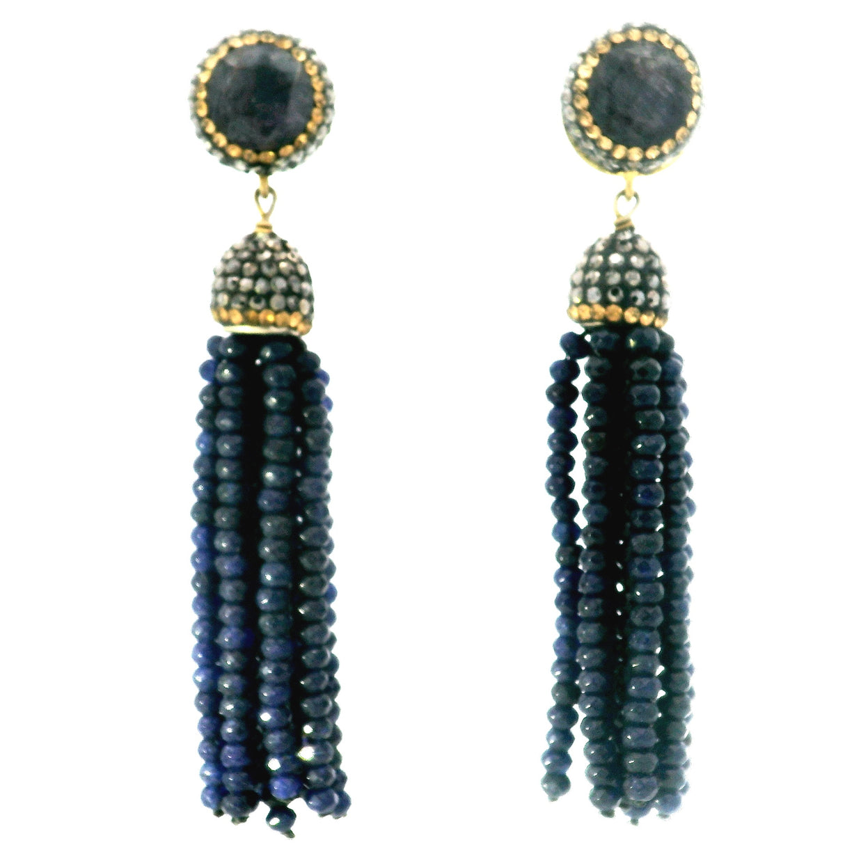 Blue Sapphire Earrings - Rounds On Stud With Gold Swarovski And Tassels