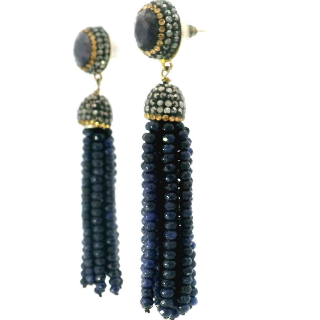 Blue Sapphire Earrings - Rounds On Stud With Gold Swarovski And Tassels