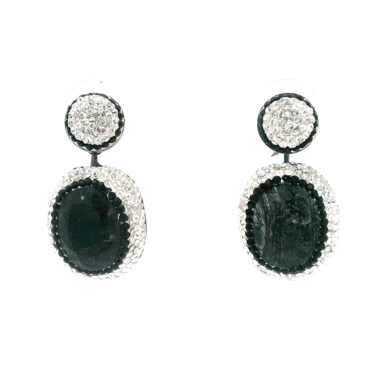 Blue Sapphire Earrings -Ovals With Bright & Black Swarovski Crystals On Detachable Studs
