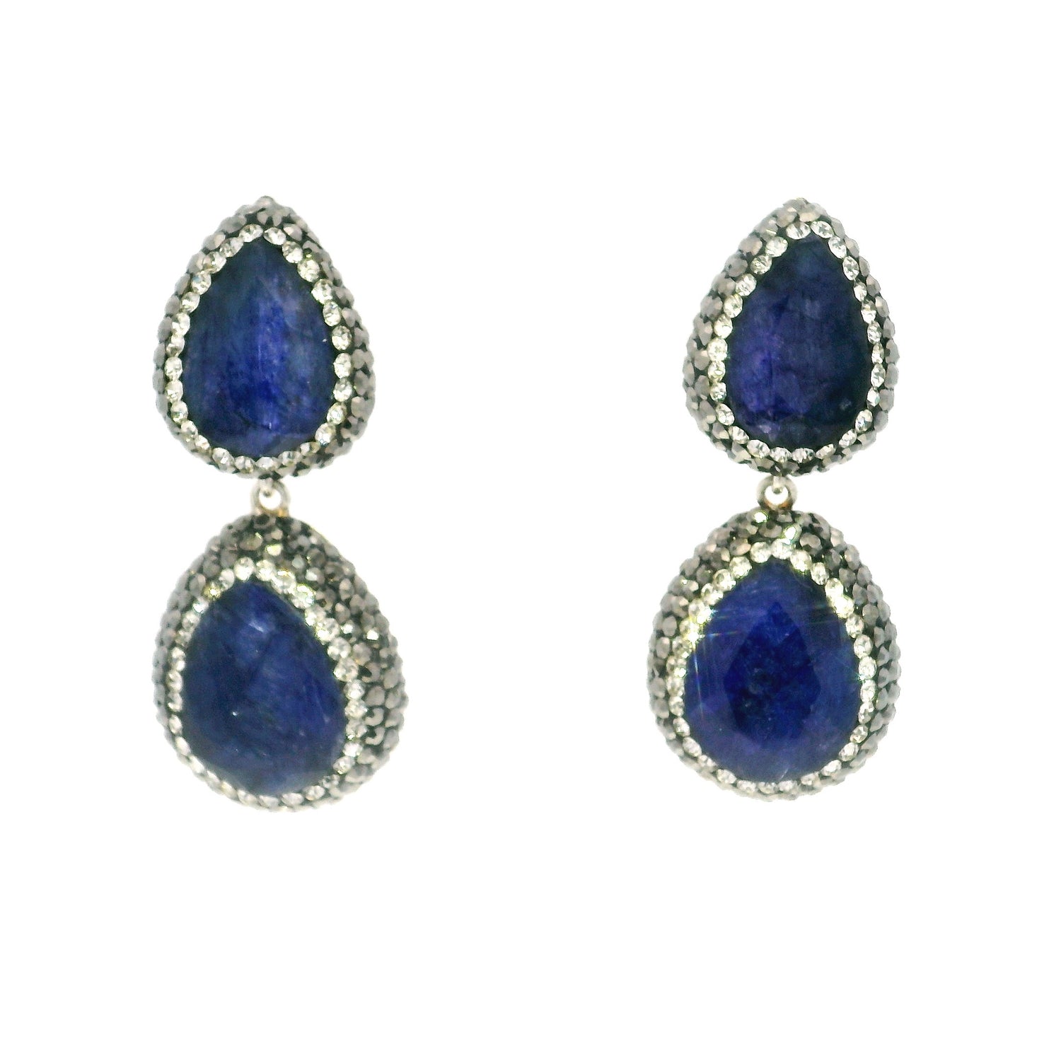 Faceted Blue Sapphire Dangle Earrings On-post - 2 Pears With Marcasite & Silver Crystal Pave Bezels