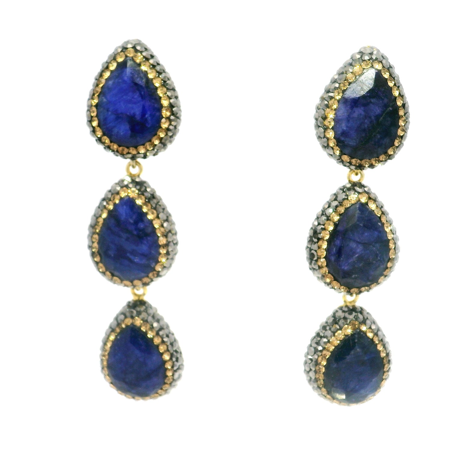 Blue Sapphire Dangle Earrings On-post - 3 Faceted Pears With Marcasite & Gold Swarovski Crystals & Gold Overlay