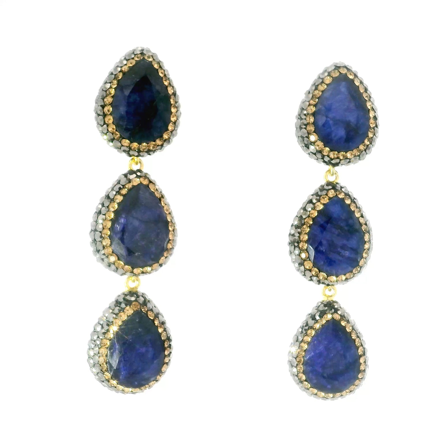Blue Sapphire Dangle Earrings On-post - 3 Faceted Pears With Marcasite & Gold Swarovski Crystals & Gold Overlay