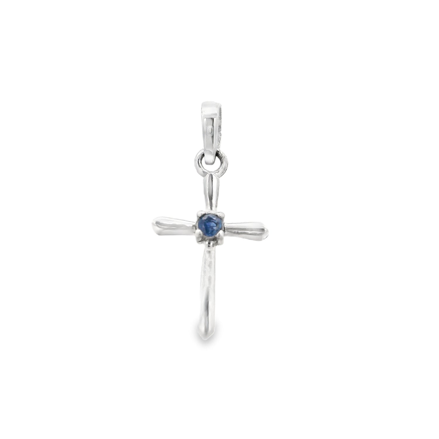 Blue Sapphire Pendant - Dainty 925 Sterling Silver Cross with Faceted Round in Center